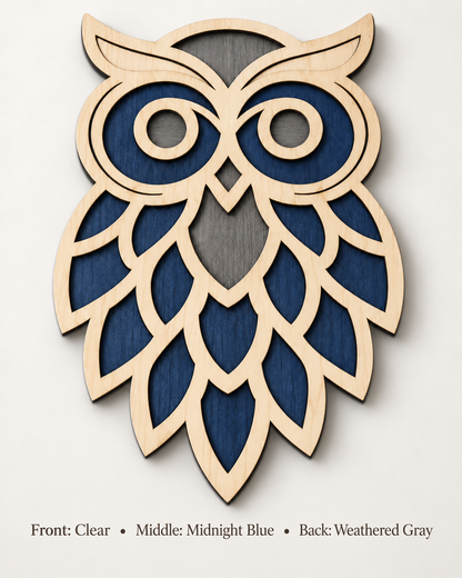 3-layer birch wood owl - Clear front, Midnight Blue middle, Weathered Gray back