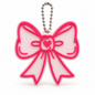Pink and white 3D printed bow keychain with heart detail and silver ball chain
