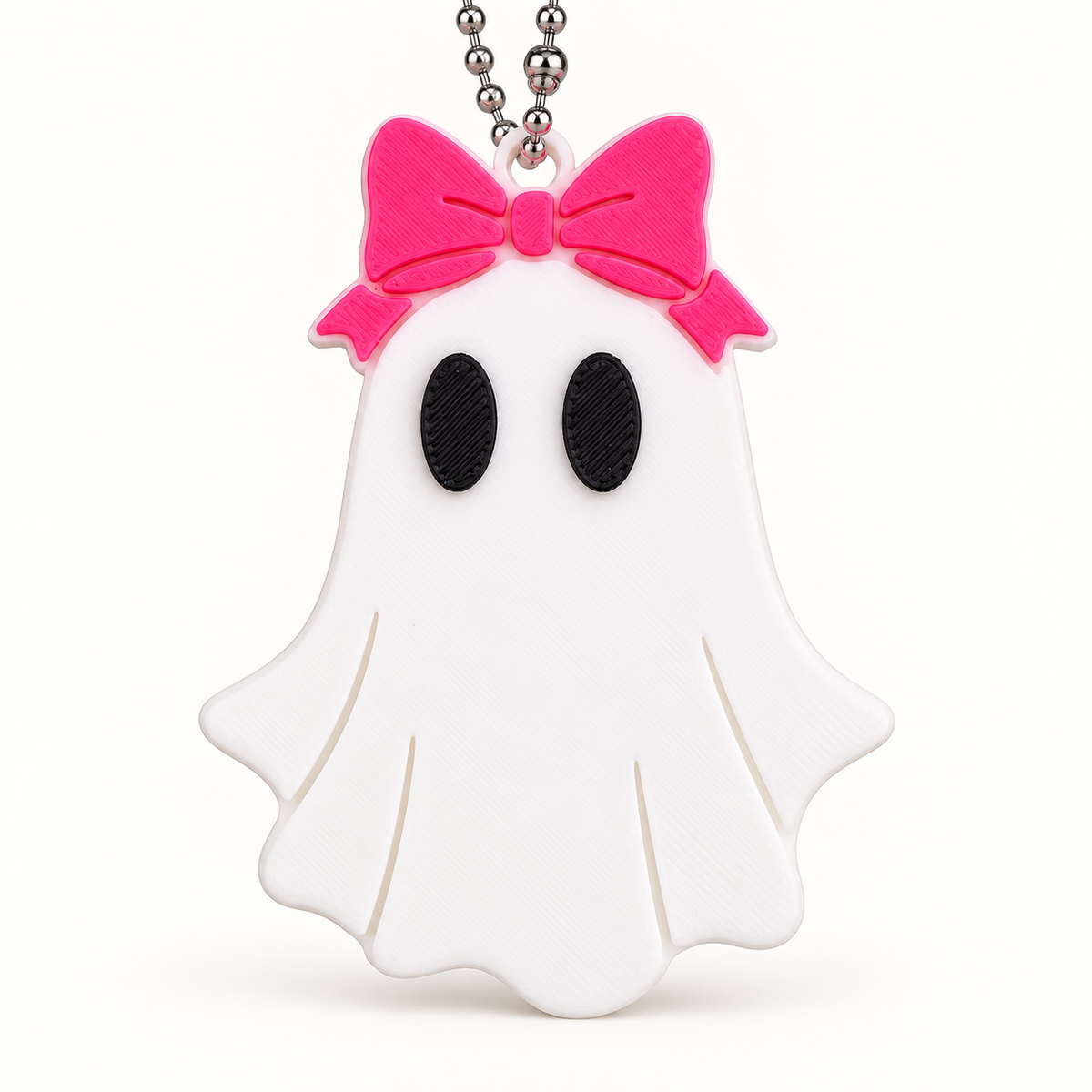 White ghost 3D printed keychain with hot pink bow and silver ball chain