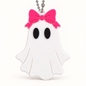 White ghost 3D printed keychain with hot pink bow and silver ball chain