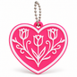 Hot pink heart keychain with raised white tulip flower design and silver ball chain