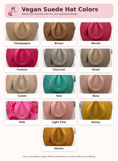 Vegan suede wide brim hat color options: Champagne, Brown, Merlot, Fuchsia, Charcoal, Khaki, Camel, Teal, Rose, Pink, Light Pink, Honey, and Mocha