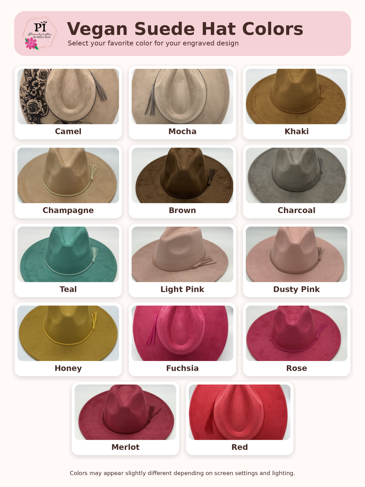 Vegan suede wide brim hat color options